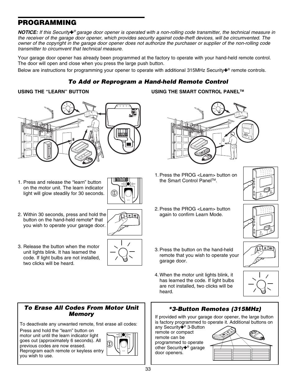 Programming, To add or reprogram a hand-held remote control, To erase all codes from motor unitmemory | Button remotes, Button remotes (315mhz) | Chamberlain 3585S 3/4 HP User Manual | Page 33 / 40