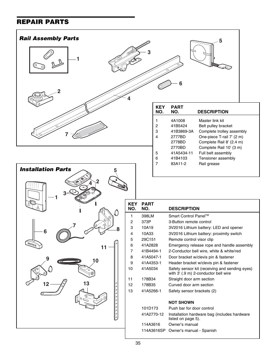 Repair parts, Rail assembly parts, Installation parts | 34 2 installation parts rail assembly parts | Chamberlain 3585S 3/4 HP User Manual | Page 35 / 40