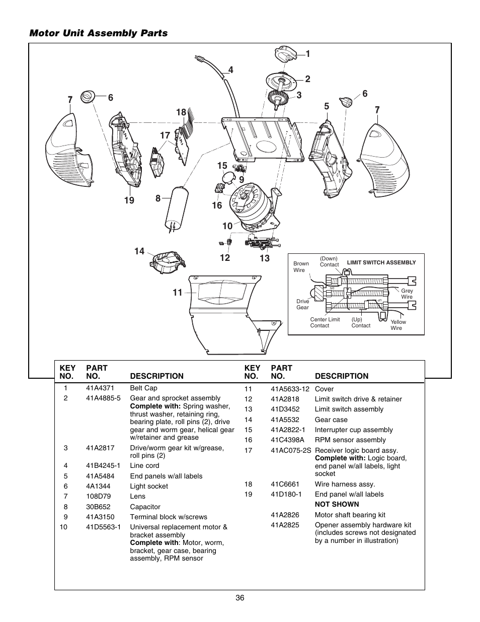 Motor unit assembly parts | Chamberlain 3585S 3/4 HP User Manual | Page 36 / 40
