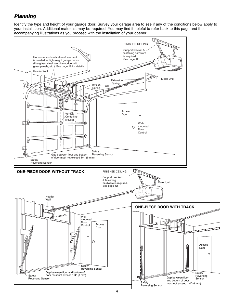 Planning, One-piece door without track 4, One-piece door with track | Chamberlain 3585S 3/4 HP User Manual | Page 4 / 40