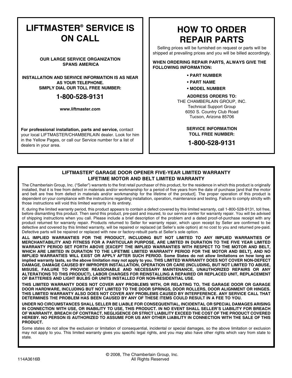Warranty, Liftmaster, Service is on call | How to order repair parts | Chamberlain 3585S 3/4 HP User Manual | Page 40 / 40