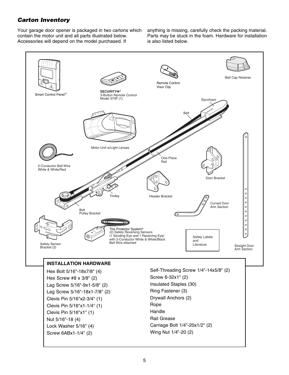 Carton inventory, Installation hardware | Chamberlain 3585S 3/4 HP User Manual | Page 5 / 40