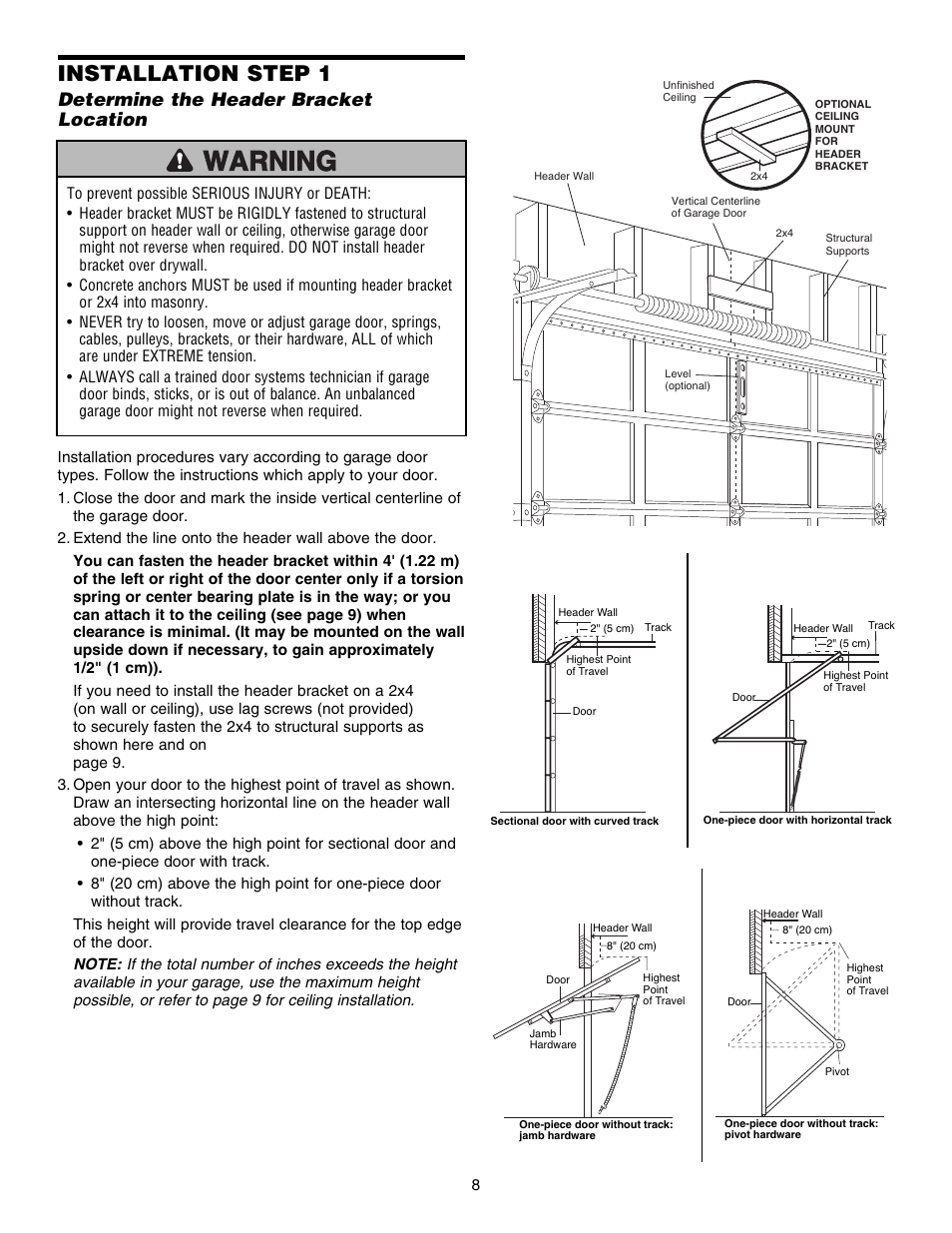 Installation step 1, Determine the header bracket location | Chamberlain 3585S 3/4 HP User Manual | Page 8 / 40