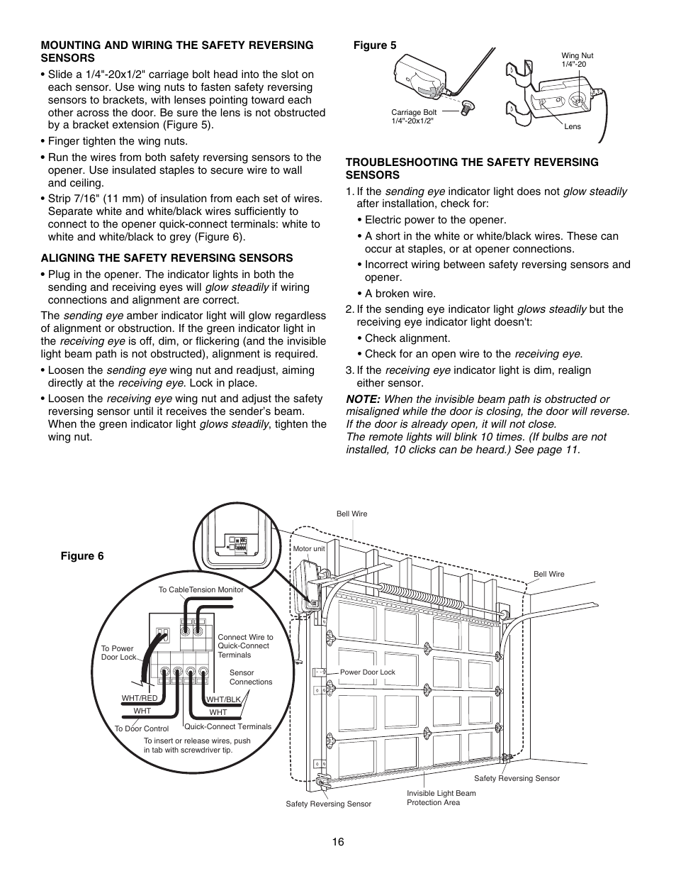 Mounting and wiring the safety reversingsensors, Aligning the safety reversing sensors, Troubleshooting the safety reversingsensors | Chamberlain 3800E User Manual | Page 16 / 72