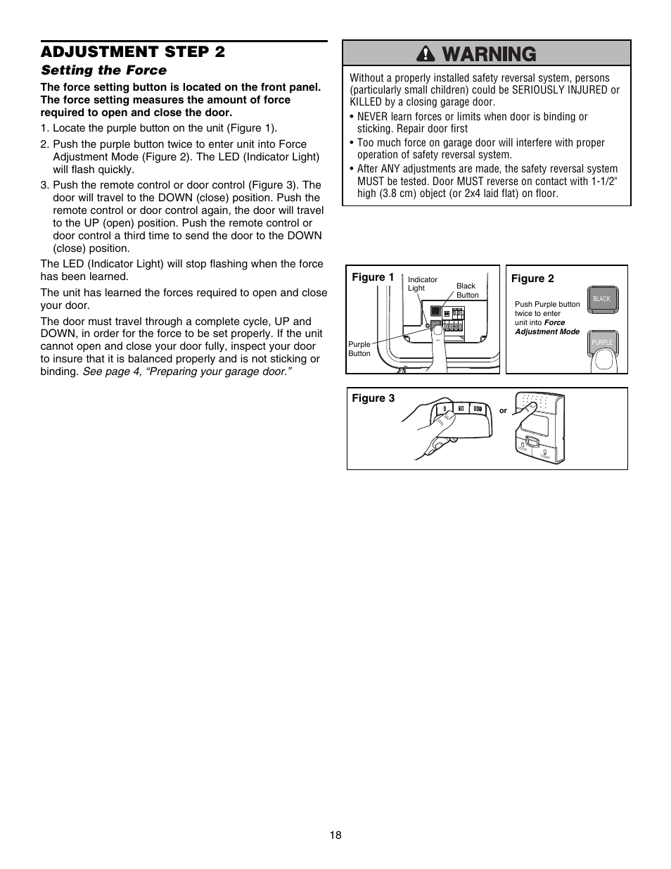 Step 2setting the force, Adjustment step 2, Setting the force | Chamberlain 3800E User Manual | Page 18 / 72