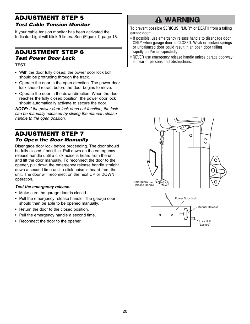 Step 5test cable tension monitor, Step 6test power door lock, Step 7to open the door manually | Adjustment step 5, Adjustment step 6, Adjustment step 7 | Chamberlain 3800E User Manual | Page 20 / 72