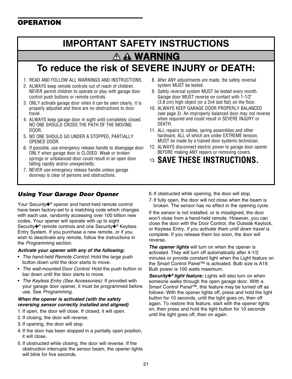 Operation, Using your garage door opener, Save these instructions | Chamberlain 3800E User Manual | Page 21 / 72