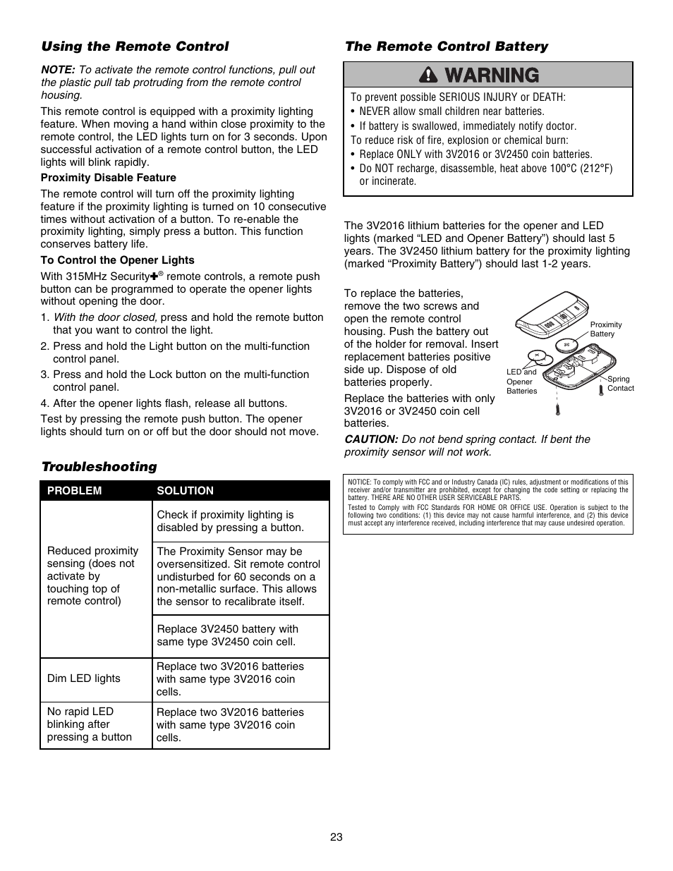 Using the remote control, Troubleshooting, The remote control battery | Chamberlain 3800E User Manual | Page 23 / 72