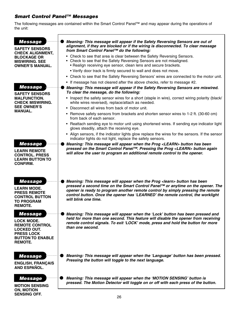 Smart control panel™ messages | Chamberlain 3800E User Manual | Page 26 / 72