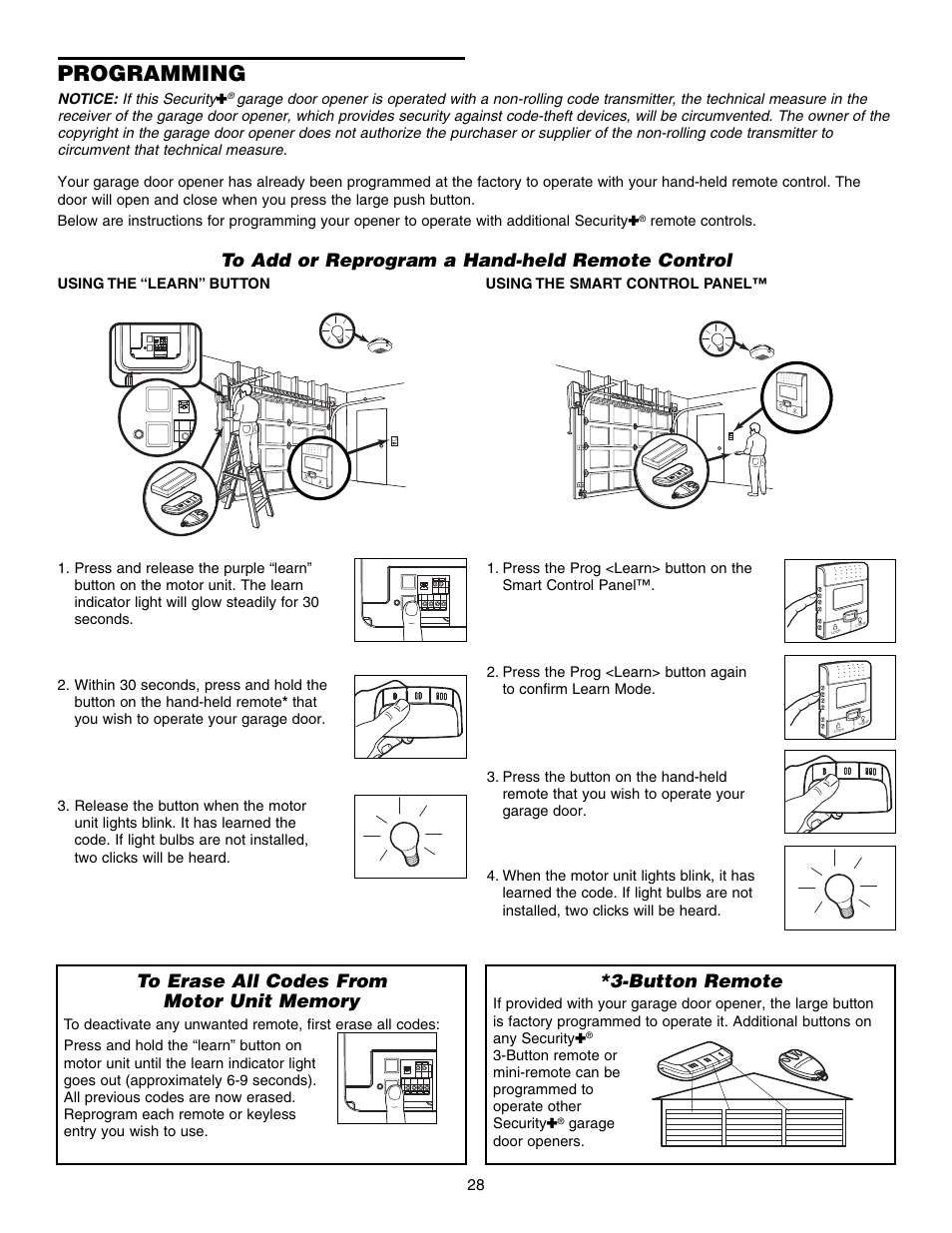 Programming, To add or reprogram a hand-held remote control, To erase all codes frommotor unit memory | Button remote | Chamberlain 3800E User Manual | Page 28 / 72