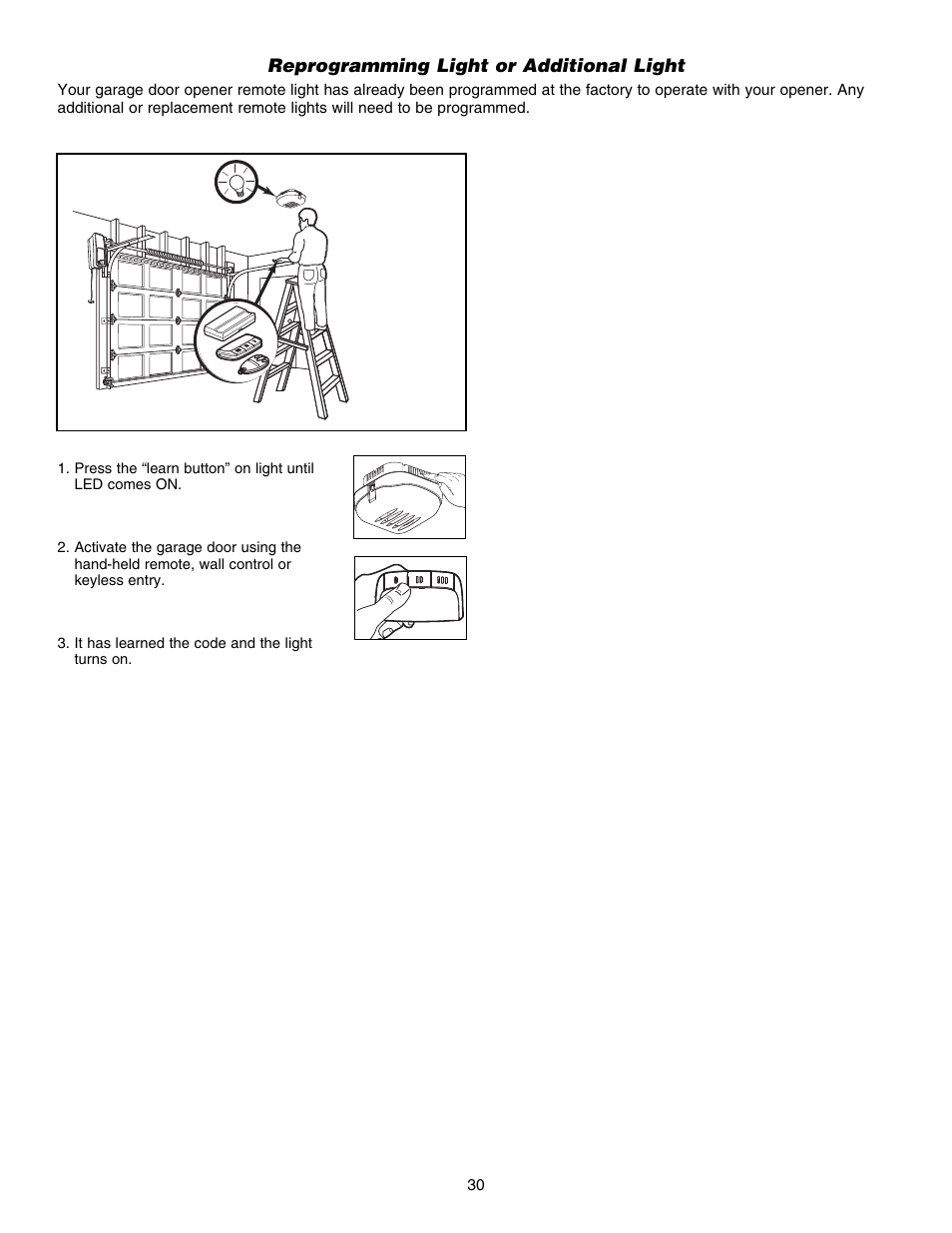 Reprogramming light or additional light | Chamberlain 3800E User Manual | Page 30 / 72