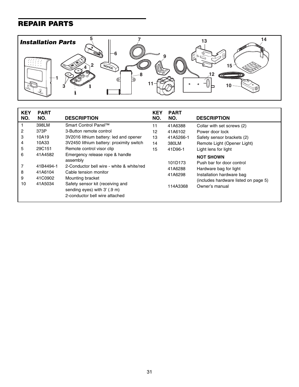 Repair parts, Installation parts | Chamberlain 3800E User Manual | Page 31 / 72