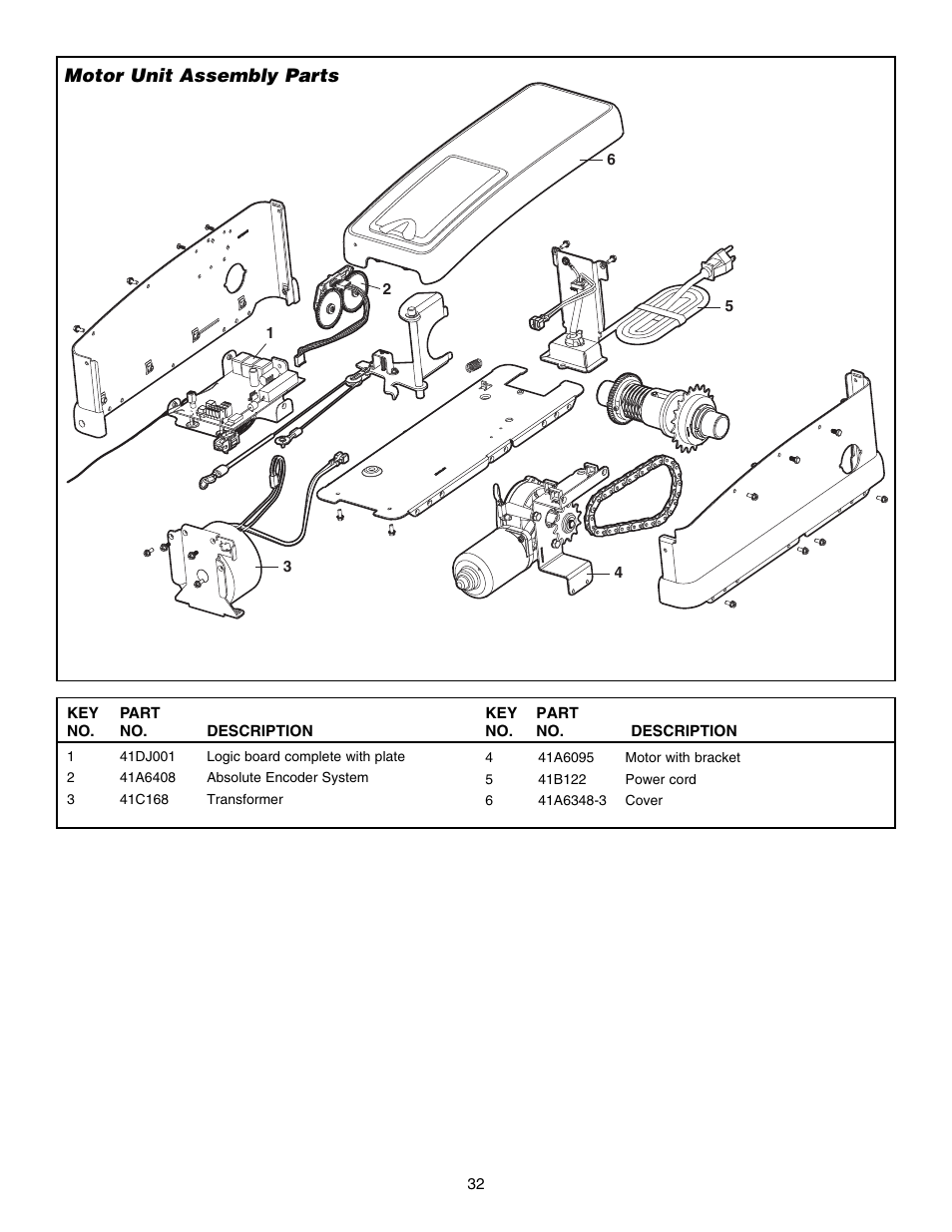 Motor unit assembly parts | Chamberlain 3800E User Manual | Page 32 / 72