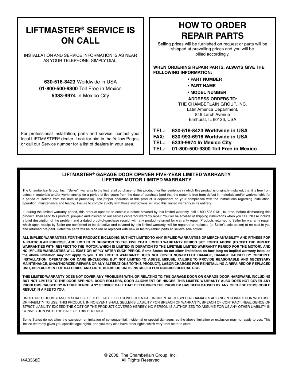 How to order repair parts, Warranty, Liftmaster | Service is on call | Chamberlain 3800E User Manual | Page 36 / 72