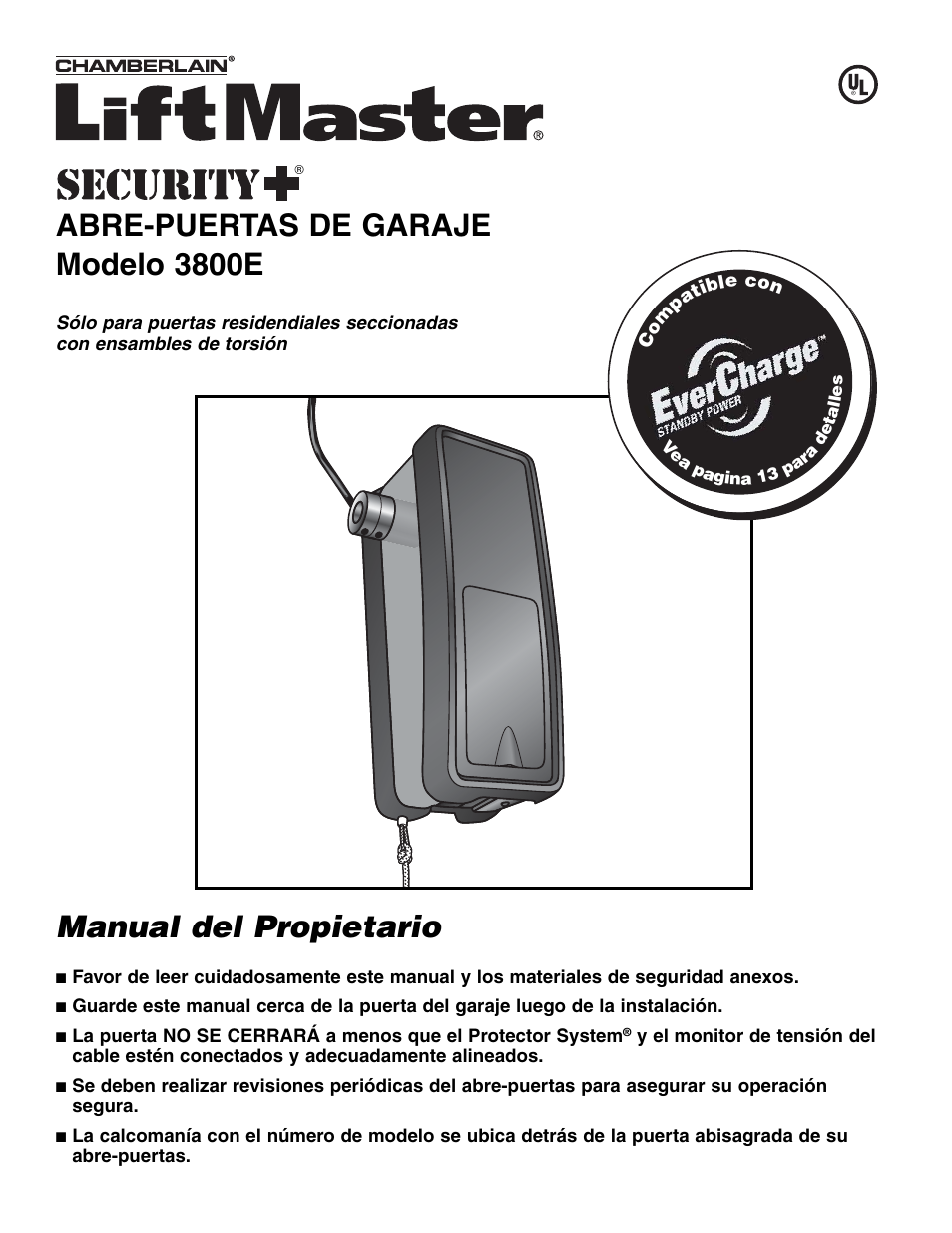 Spanish, Manual del propietario, Abre-puertas de garaje modelo 3800e | Chamberlain 3800E User Manual | Page 37 / 72