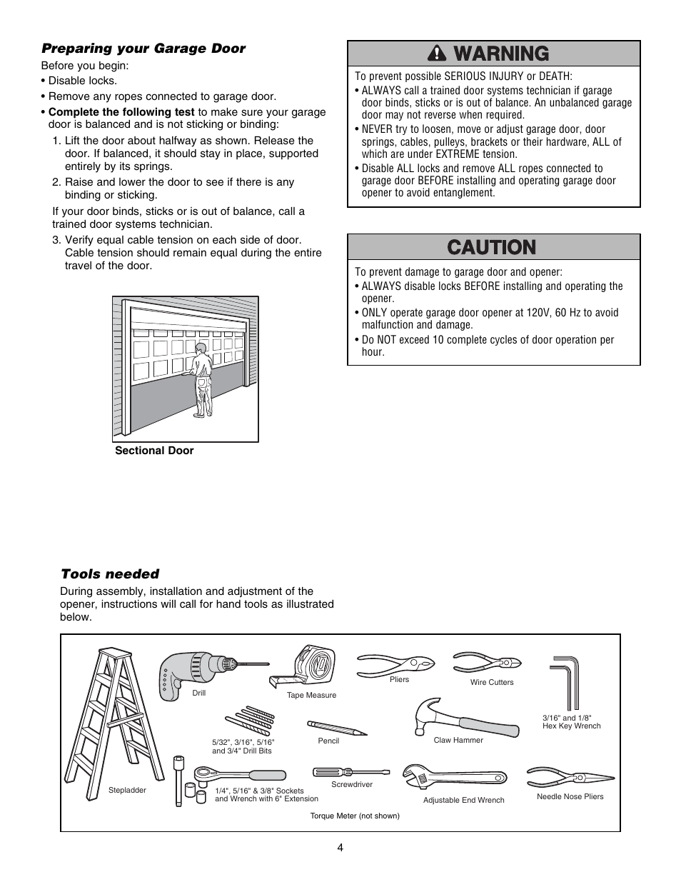 Preparing your garage door, Tools needed | Chamberlain 3800E User Manual | Page 4 / 72