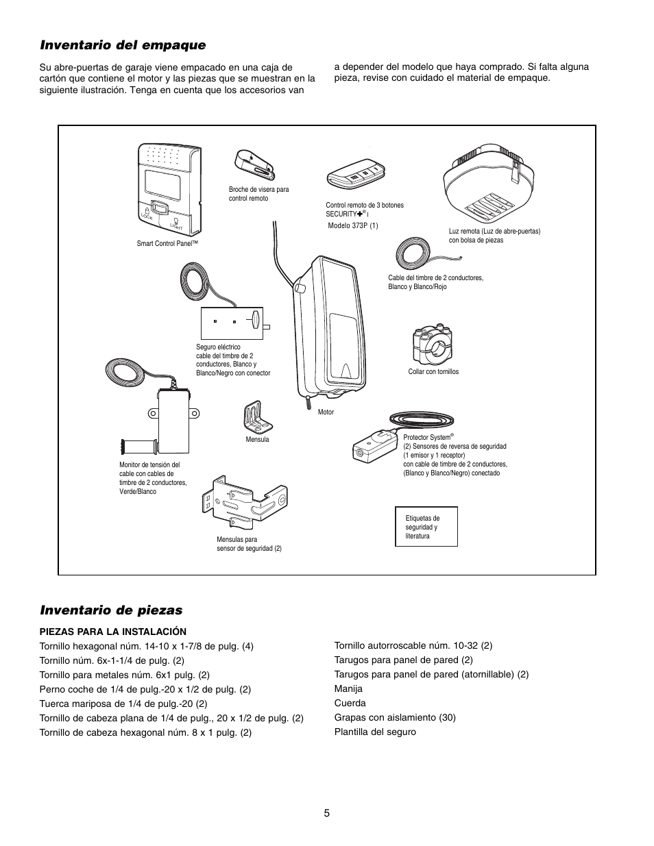 Inventario del empaque, Inventario de piezas | Chamberlain 3800E User Manual | Page 41 / 72