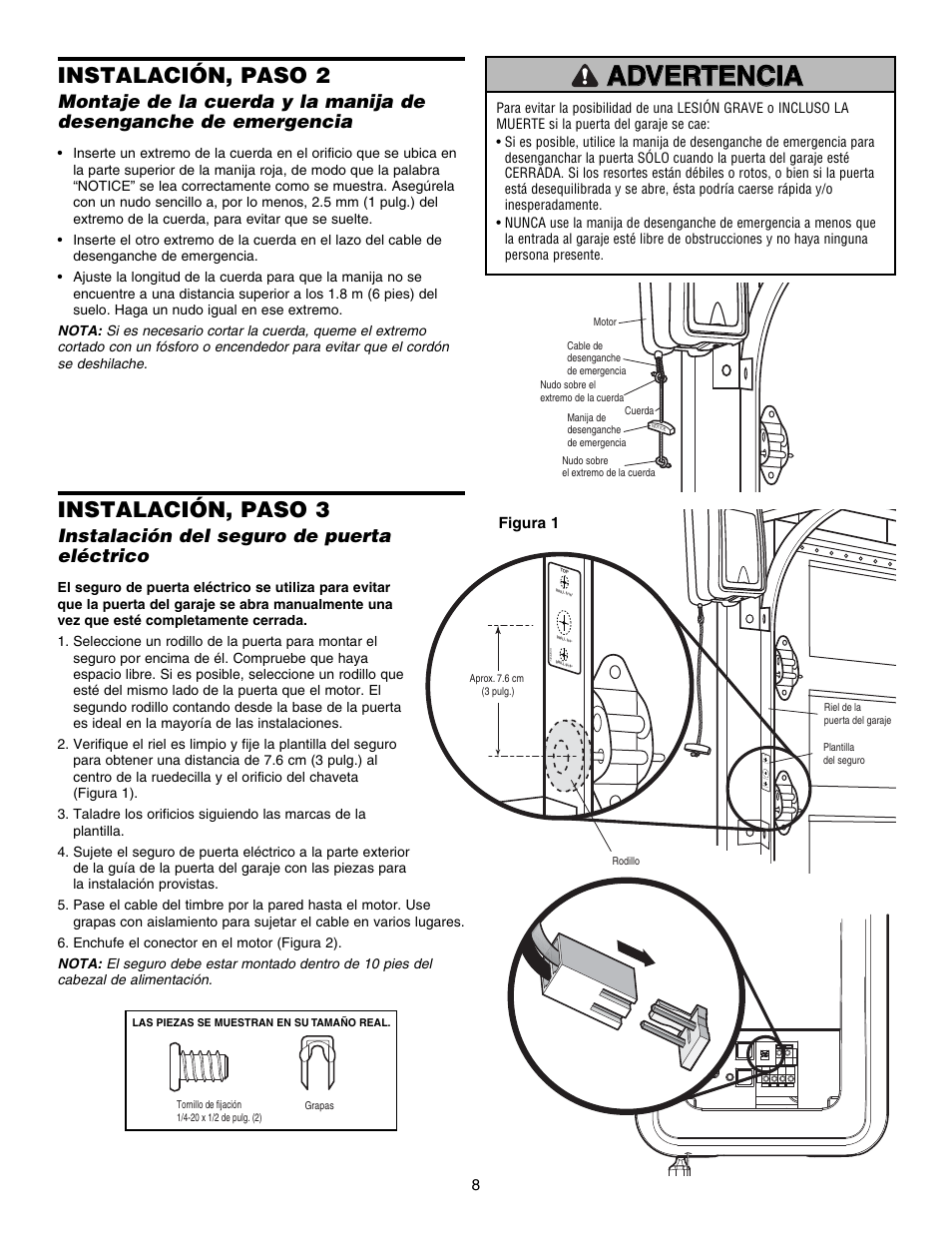 Instalación, paso 3, Instalación, paso 2, Instalación del seguro de puerta eléctrico | Chamberlain 3800E User Manual | Page 44 / 72