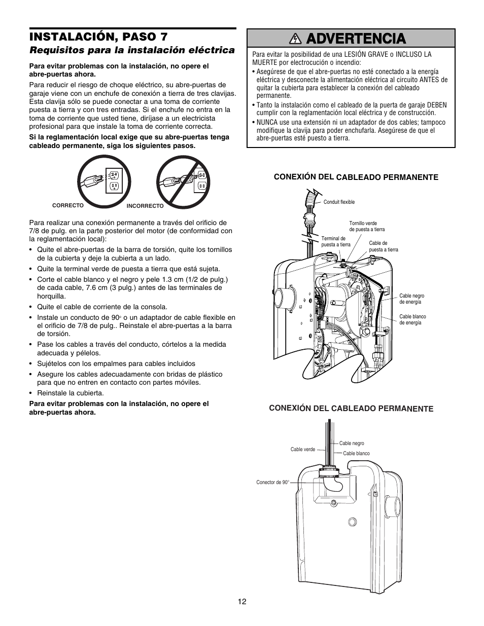 Instalación, paso 7, Requisitos para la instalación eléctrica | Chamberlain 3800E User Manual | Page 48 / 72