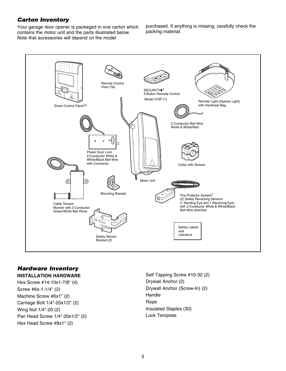 Carton inventory, Hardware inventory | Chamberlain 3800E User Manual | Page 5 / 72