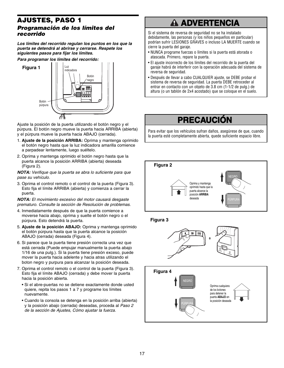 Precaución, Precaución advertencia advertencia advertencia, Ajustes, paso 1 | Chamberlain 3800E User Manual | Page 53 / 72