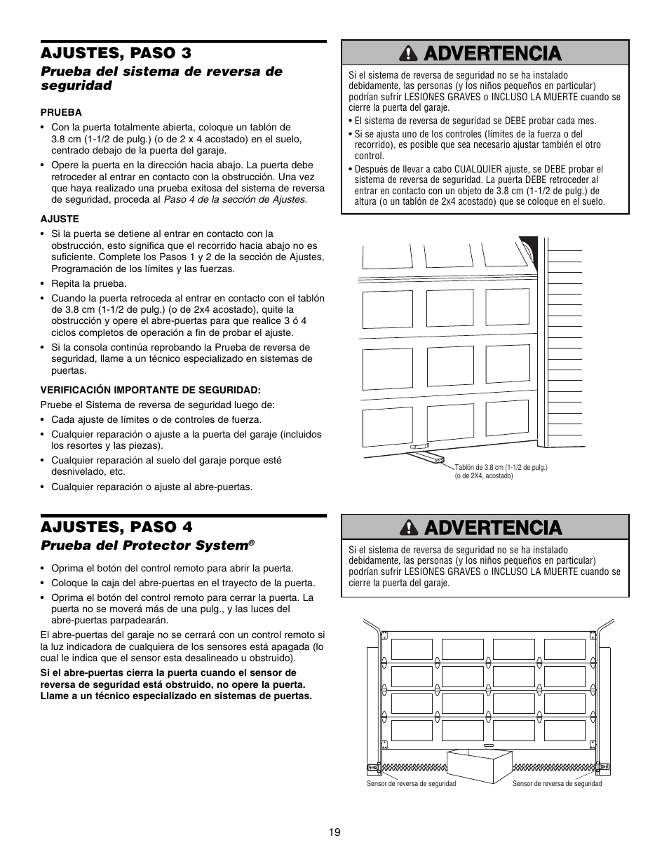 Ajustes, paso 3, Ajustes, paso 4 | Chamberlain 3800E User Manual | Page 55 / 72