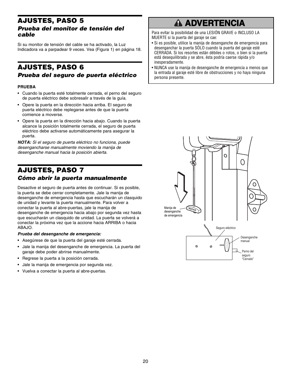 Ajustes, paso 5, Ajustes, paso 6, Ajustes, paso 7 | Chamberlain 3800E User Manual | Page 56 / 72