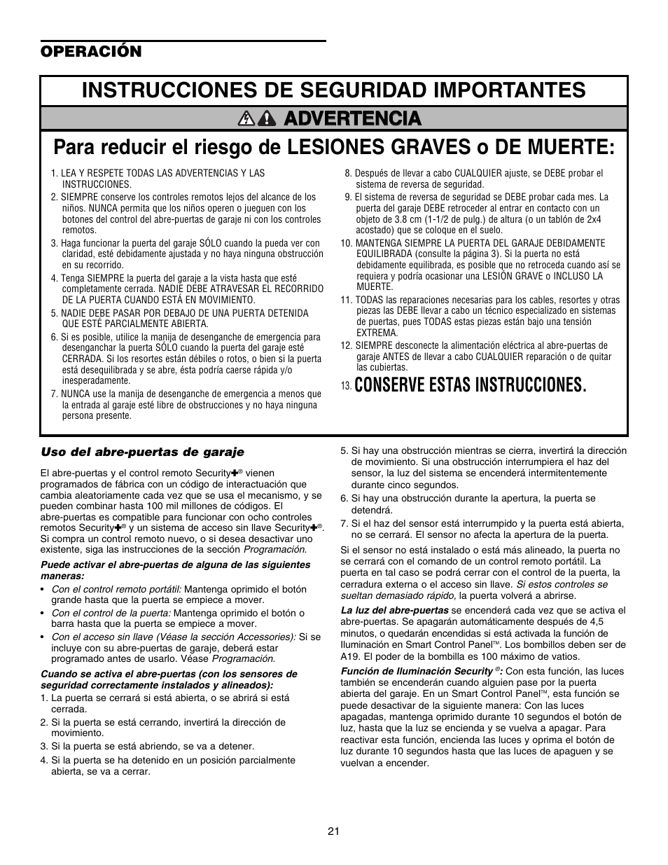 Conserve estas instrucciones, Operación | Chamberlain 3800E User Manual | Page 57 / 72