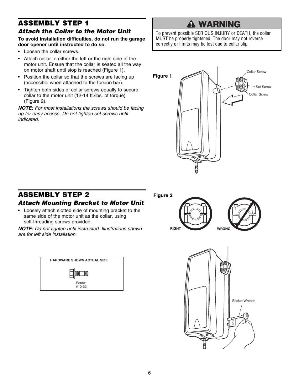 Assembly, Step 1attach the collar to the motor unit, Step 2attach mounting bracket to motor unit | Assembly step 1, Assembly step 2, Attach the collar to the motor unit, Attach mounting bracket to motor unit | Chamberlain 3800E User Manual | Page 6 / 72