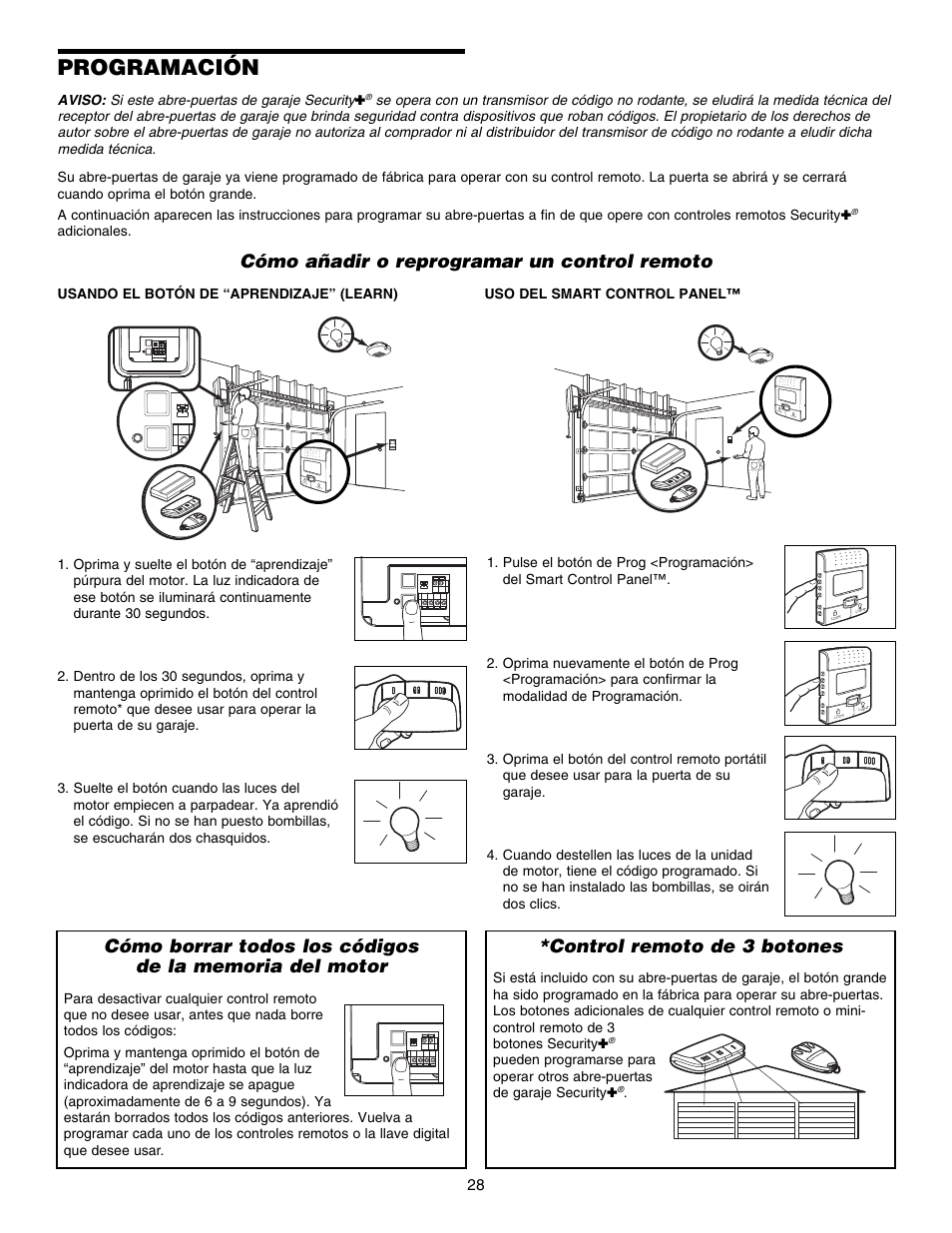 Programación, Cómo añadir o reprogramar un control remoto, Control remoto de 3 botones | Chamberlain 3800E User Manual | Page 64 / 72