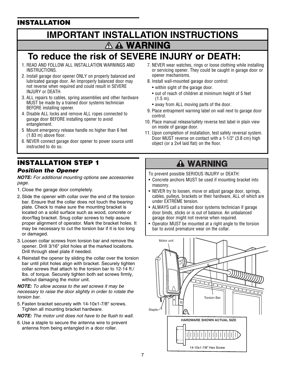 Installation, Step 1position the opener, Installation installation step 1 | Chamberlain 3800E User Manual | Page 7 / 72