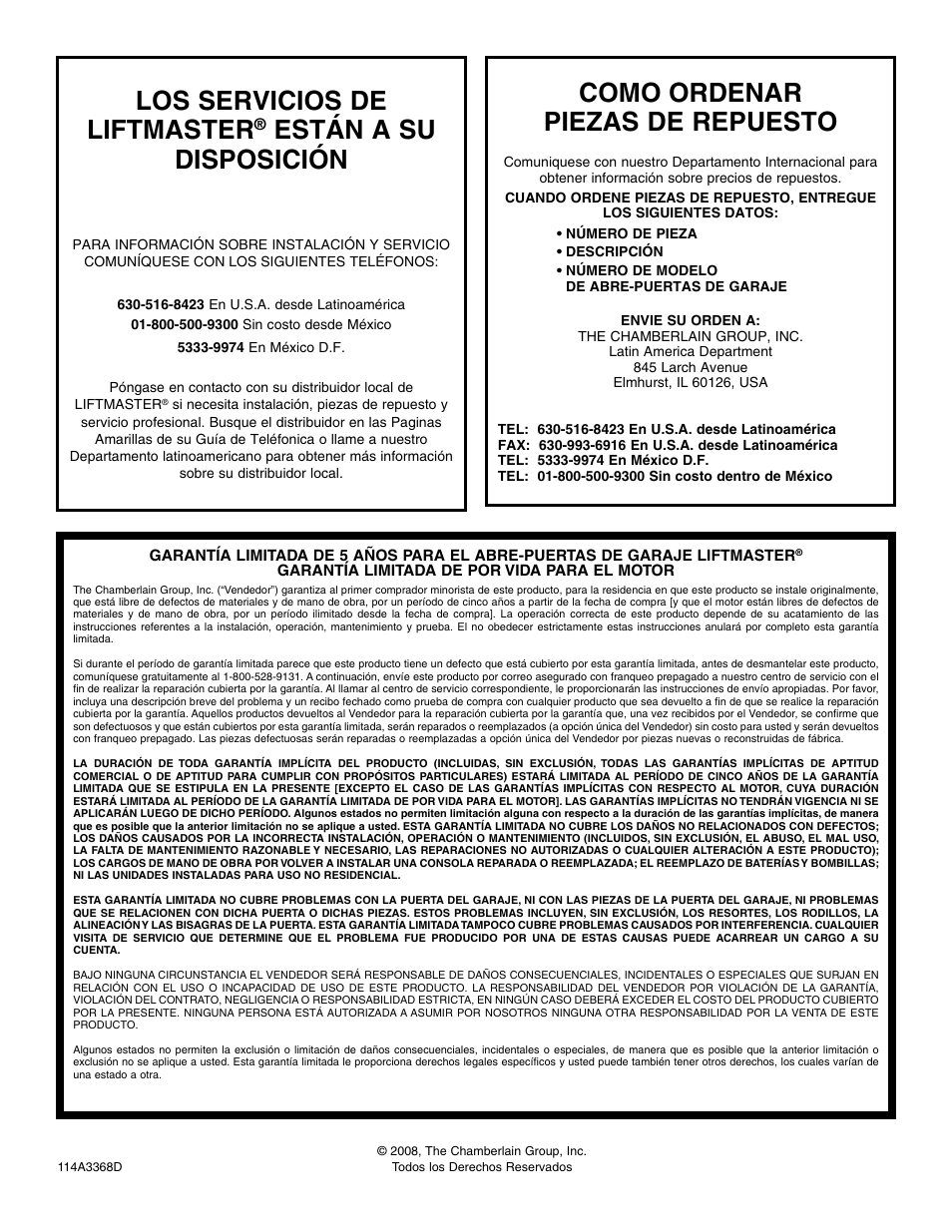 Los servicios de liftmaster, Están a su disposición, Como ordenar piezas de repuesto | Chamberlain 3800E User Manual | Page 72 / 72