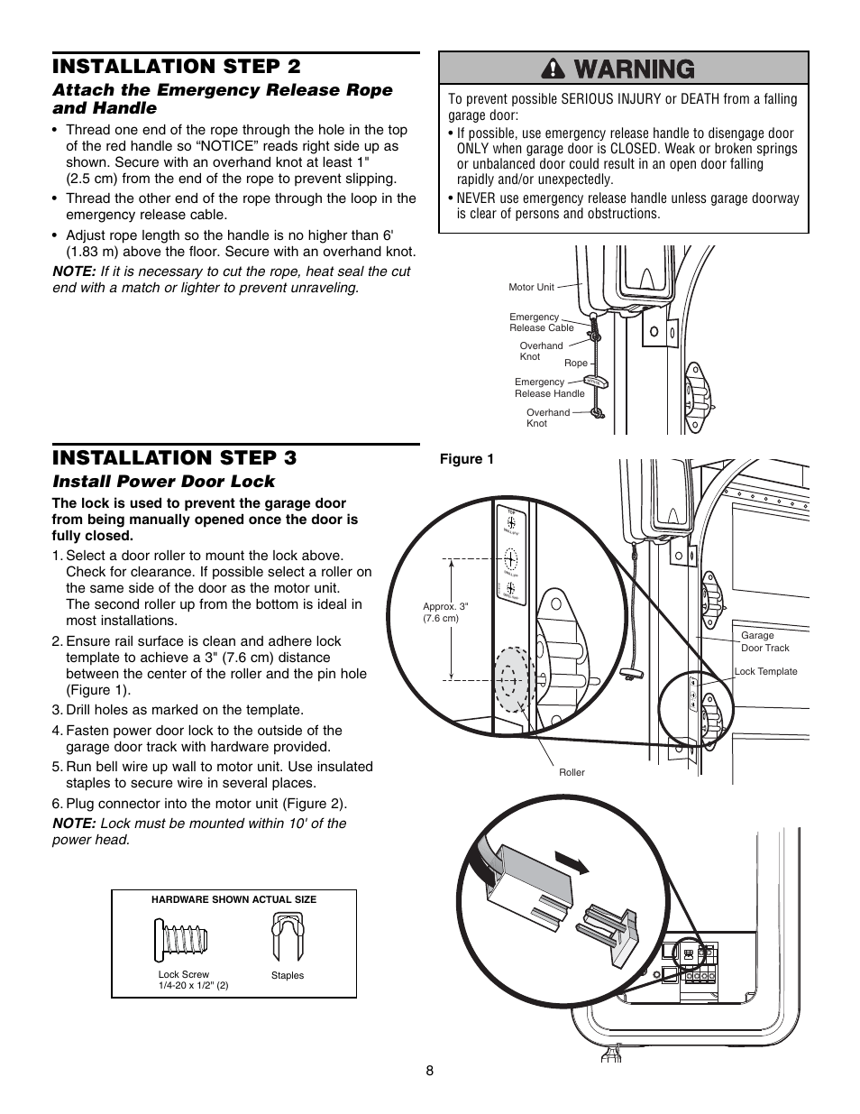 Step 2attach the emergency release ropeand handle, Step 3install power door lock, Installation step 3 | Installation step 2, Install power door lock, Attach the emergency release rope and handle | Chamberlain 3800E User Manual | Page 8 / 72