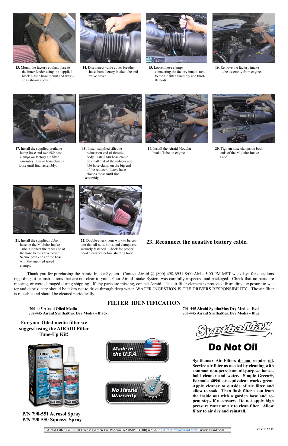 Filter identification, Reconnect the negative battery cable | Airaid 400-162 User Manual | Page 2 / 2