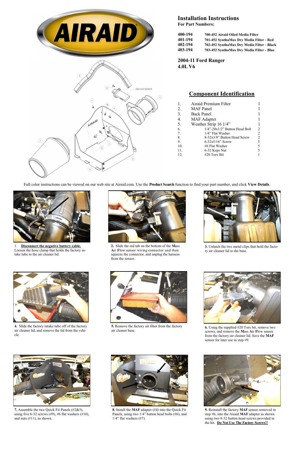 Airaid 400-194 User Manual | 2 pages