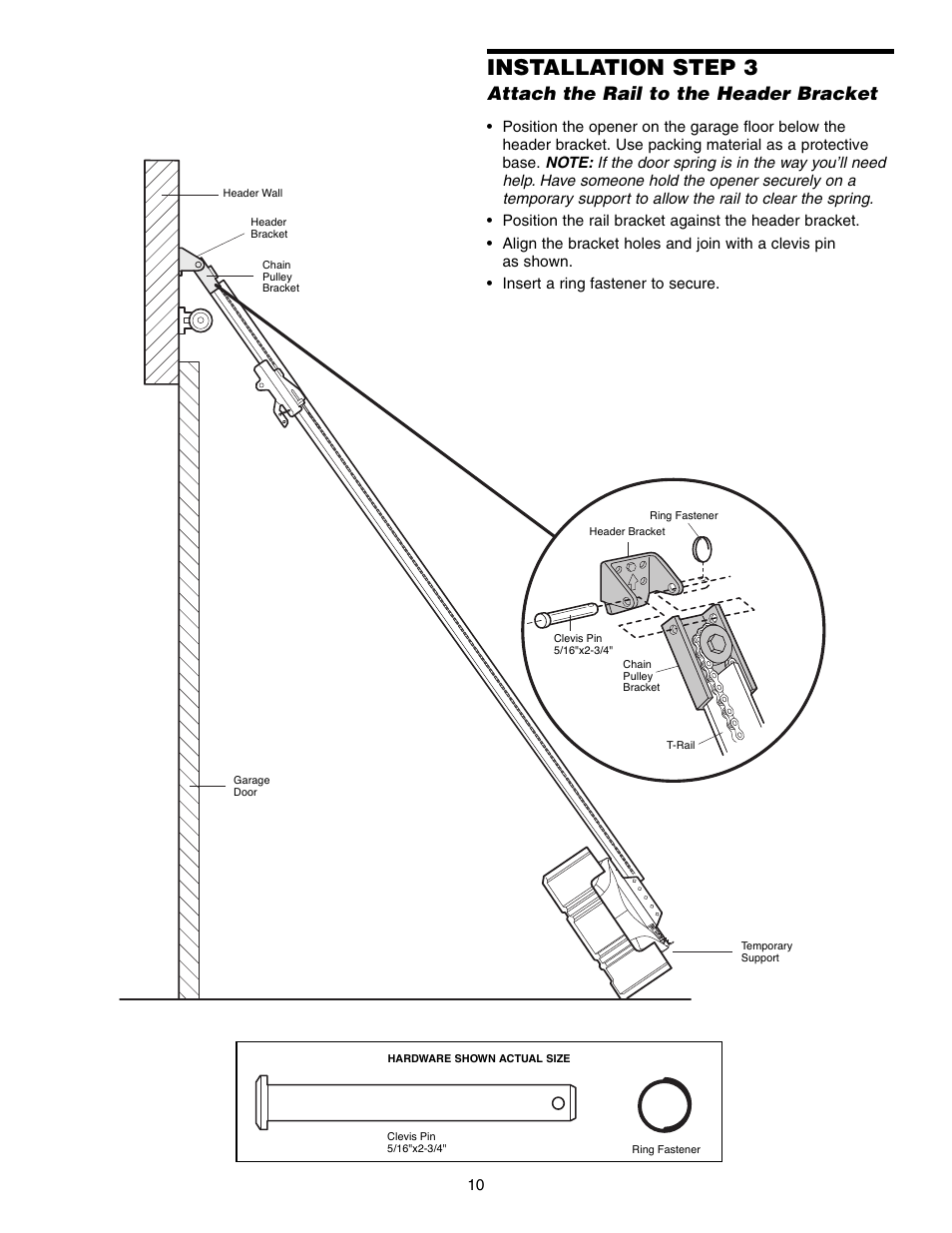 Attach the rail to the header bracket, Installation step 3 | Chamberlain 3575S User Manual | Page 10 / 40