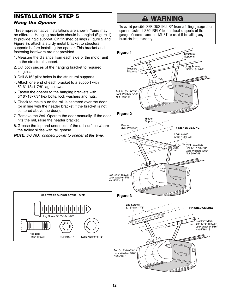 Hang the opener, Installation step 5 | Chamberlain 3575S User Manual | Page 12 / 40