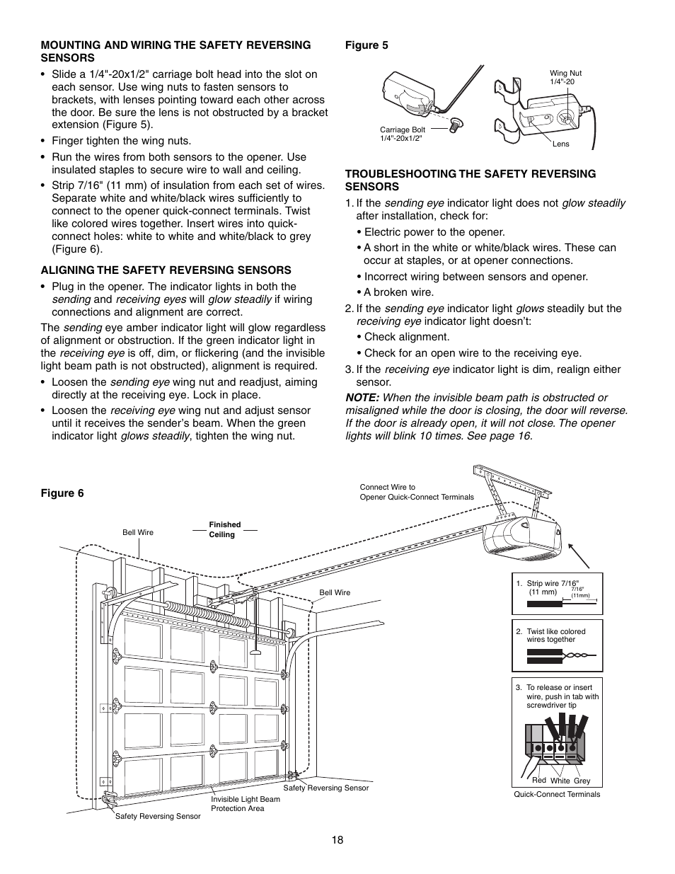 Mounting and wiring the safety reversing sensors, Aligning the safety reversing sensors, Troubleshooting the safety reversingsensors | Chamberlain 3575S User Manual | Page 18 / 40