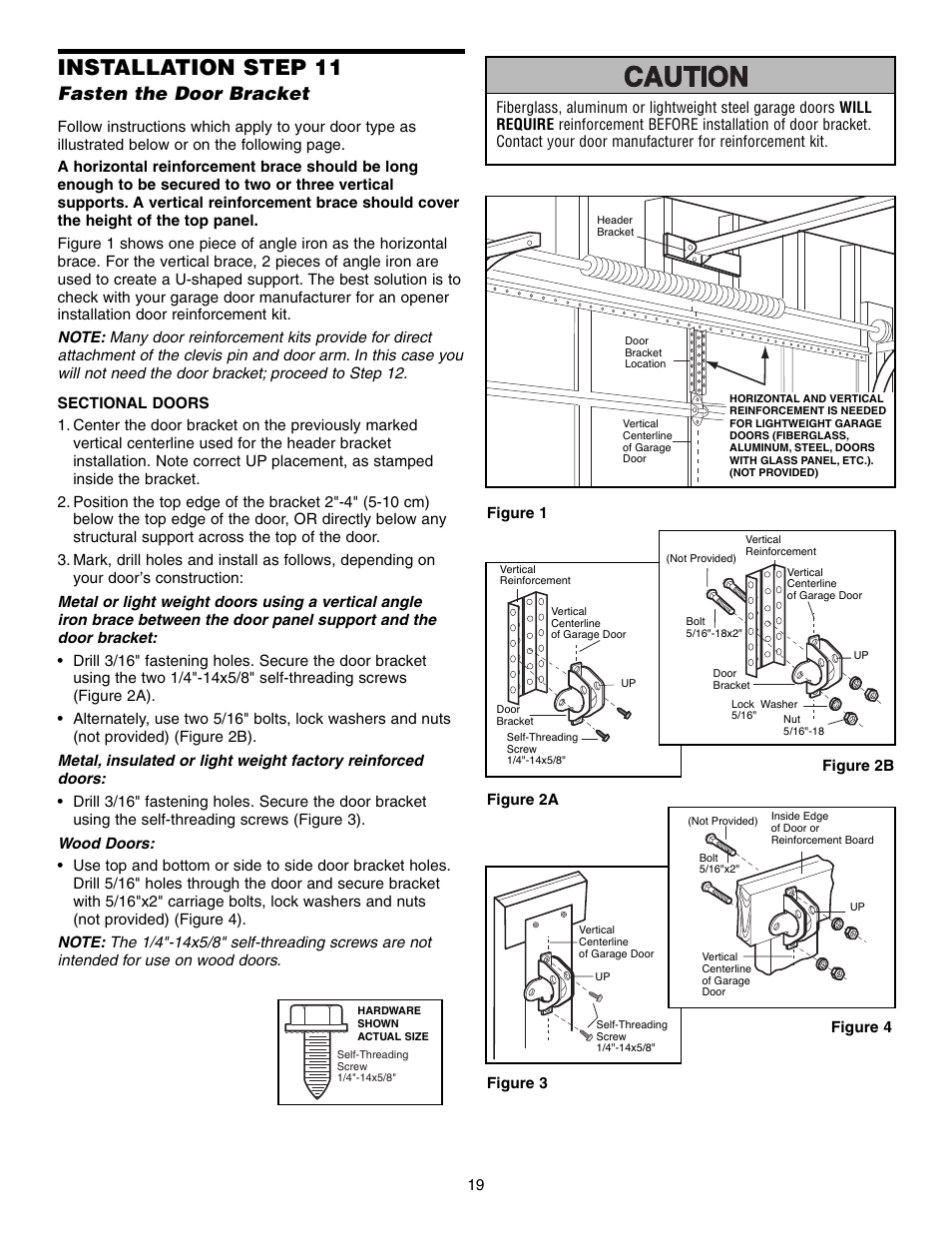 Fasten the door bracket, Installation step 11 | Chamberlain 3575S User Manual | Page 19 / 40