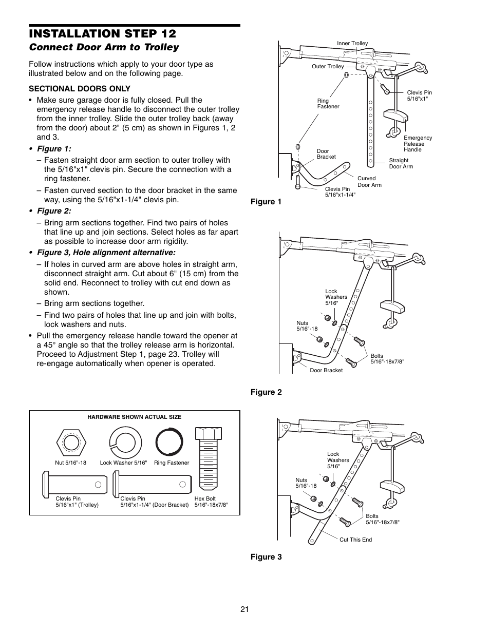 Connect door arm to trolley, Installation step 12 | Chamberlain 3575S User Manual | Page 21 / 40