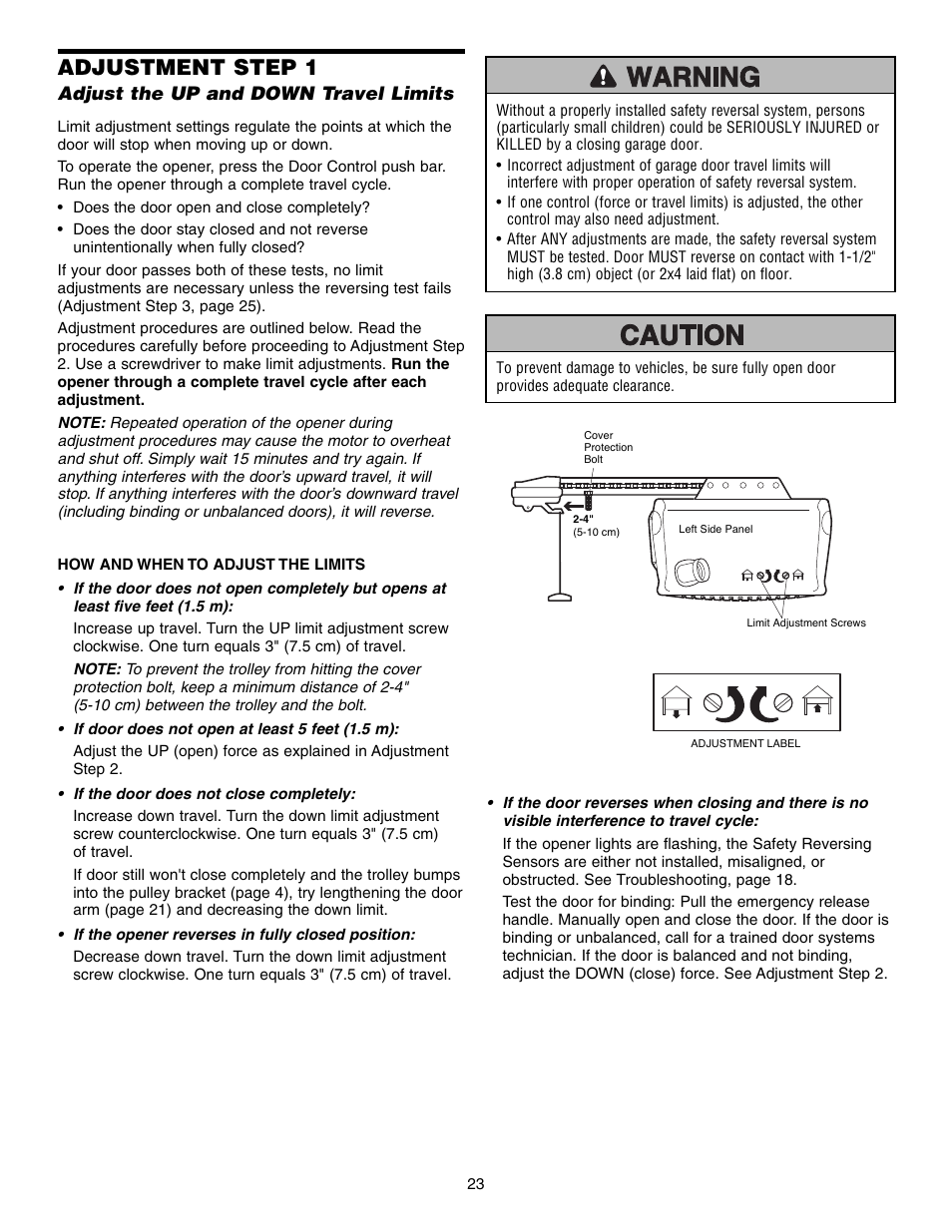 Adjustment, Adjust the up and down travel limits, Adjustment step 1 | Chamberlain 3575S User Manual | Page 23 / 40