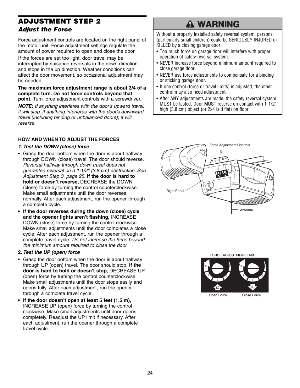 Adjust the force, Adjustment step 2 | Chamberlain 3575S User Manual | Page 24 / 40