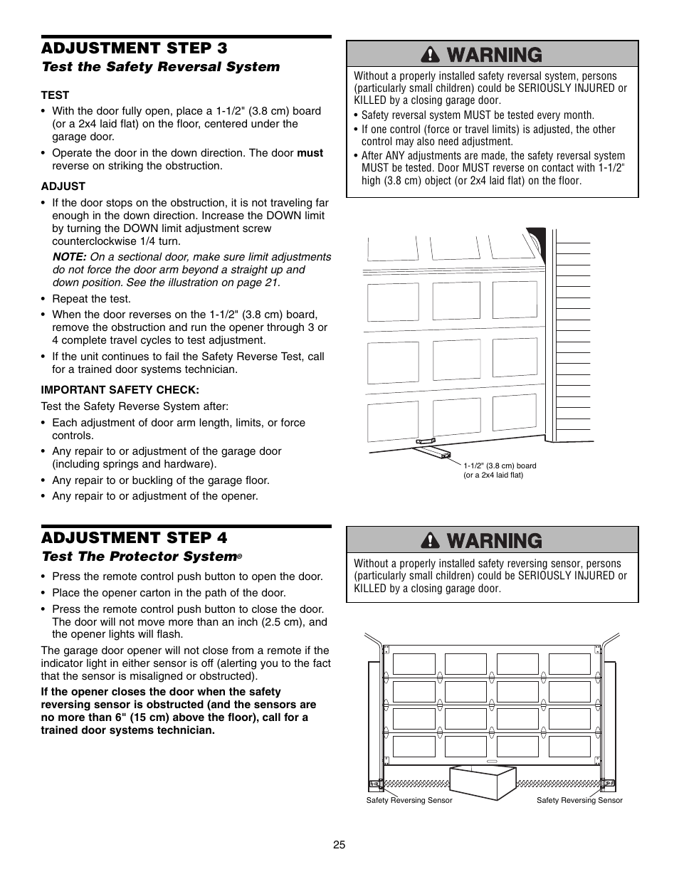 Test the safety reversal system, Test the protector system, Adjustment step 3 | Adjustment step 4 | Chamberlain 3575S User Manual | Page 25 / 40