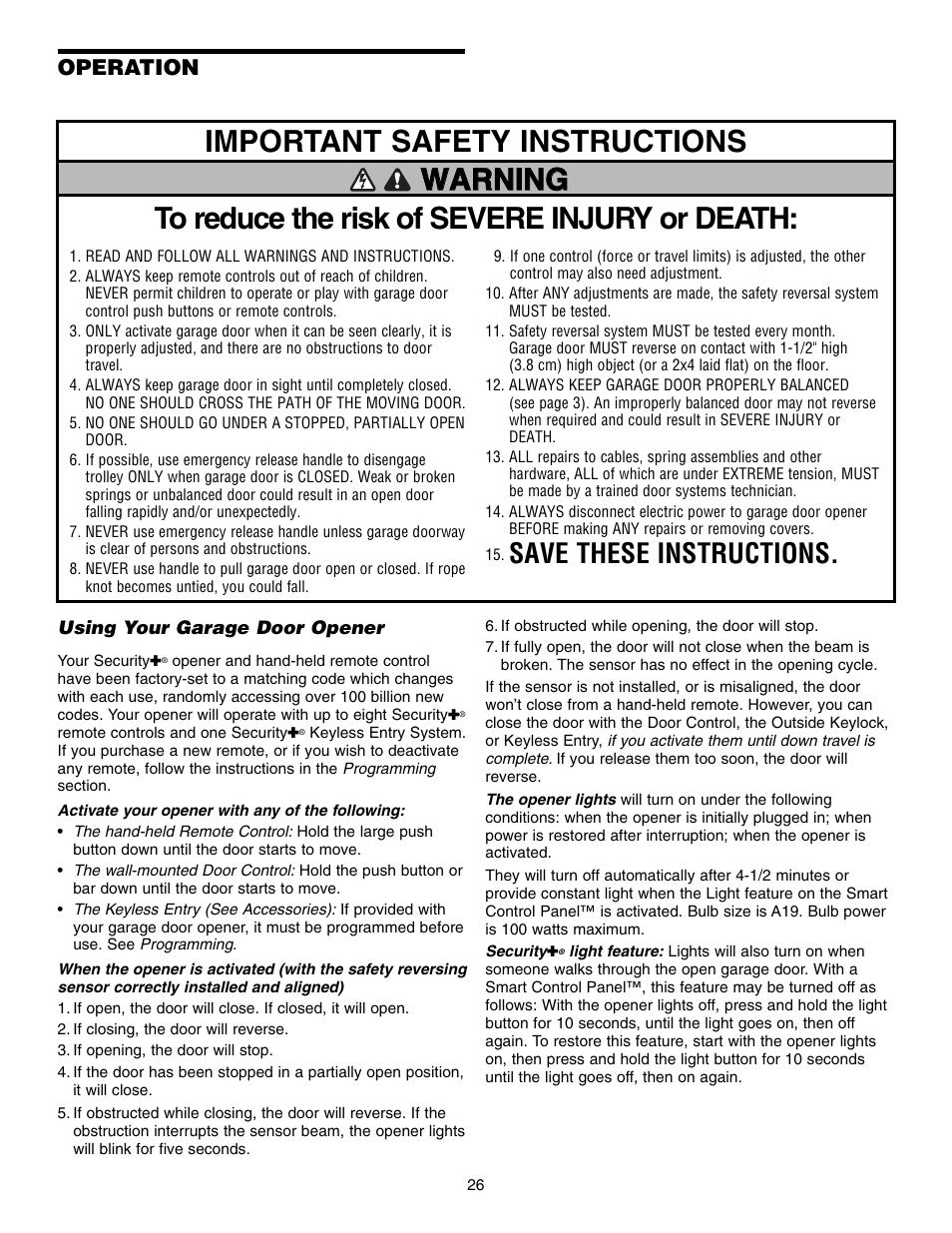 Operation, Using your garage door opener, Important safety instructions | Warning, Save these instructions | Chamberlain 3575S User Manual | Page 26 / 40