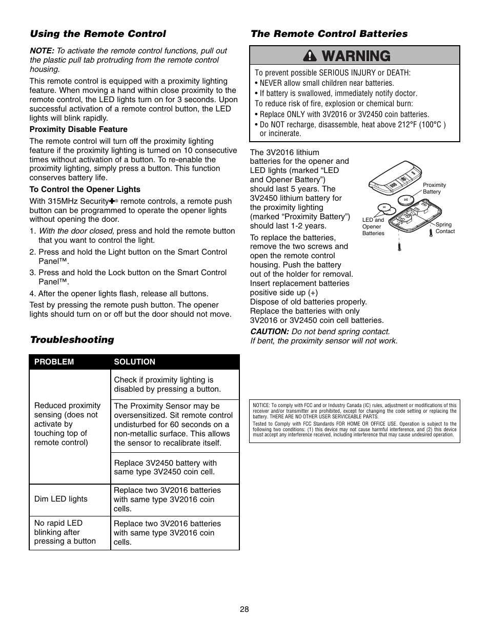 Using the remote control, Troubleshooting, The remote control batteries | Chamberlain 3575S User Manual | Page 28 / 40