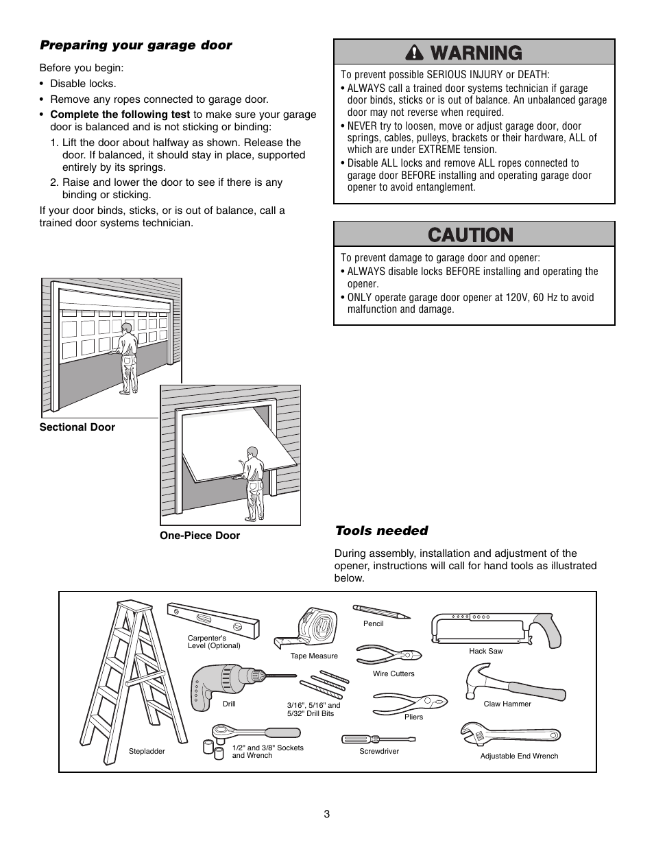 Preparing your garage door, Tools needed | Chamberlain 3575S User Manual | Page 3 / 40