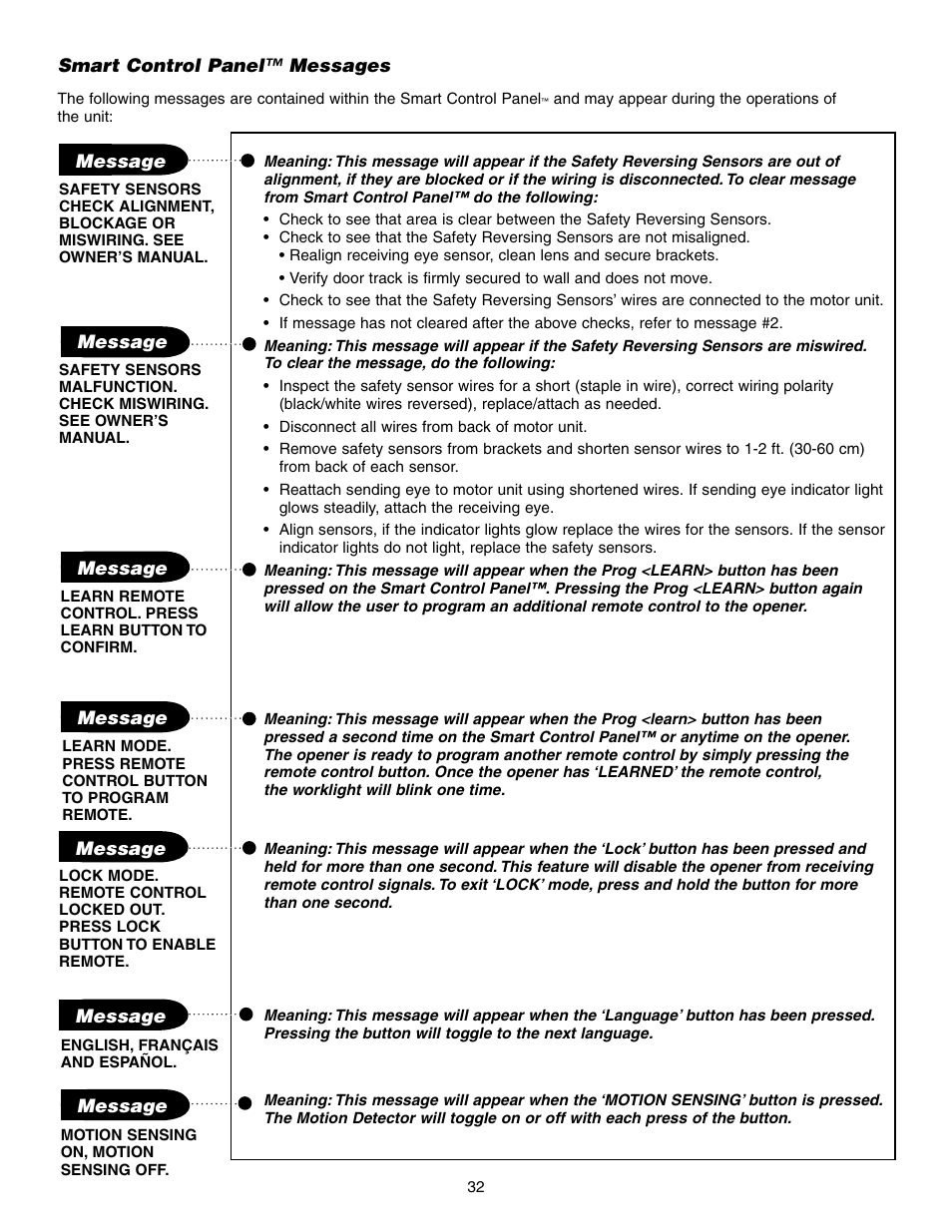 Smart control panel™ messages | Chamberlain 3575S User Manual | Page 32 / 40