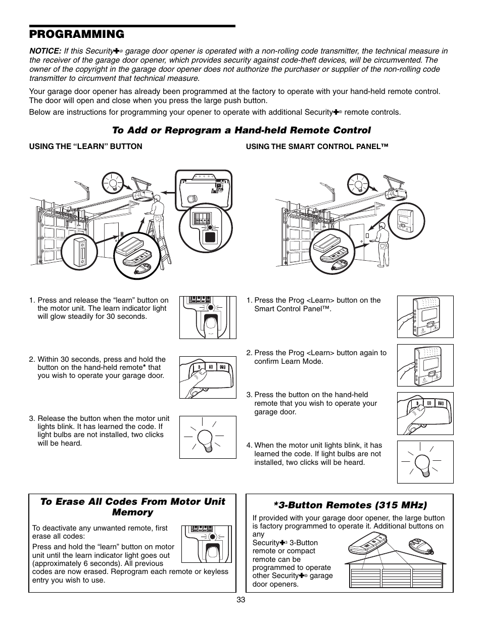 Programming, To add or reprogram a hand-held remote control, To erase all codes from motor unitmemory | Button remotes (315 mhz) | Chamberlain 3575S User Manual | Page 33 / 40