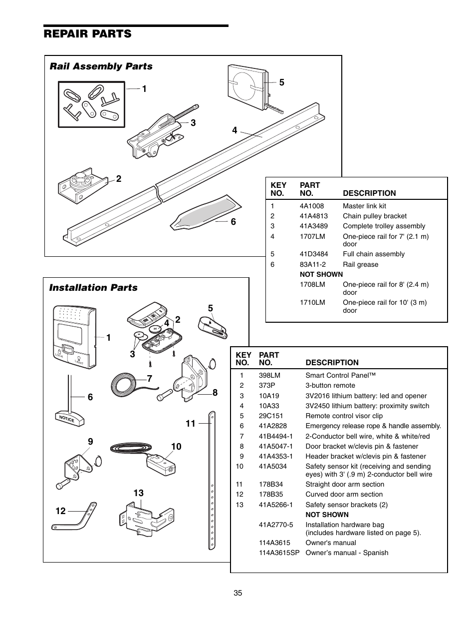 Repair parts, Rail assembly parts, Installation parts | 34 2 installation parts | Chamberlain 3575S User Manual | Page 35 / 40