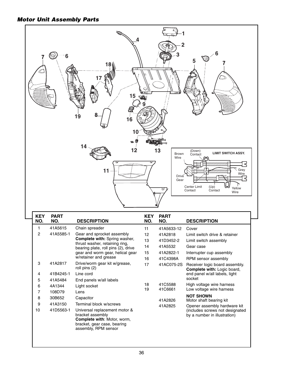 Motor unit assembly parts | Chamberlain 3575S User Manual | Page 36 / 40